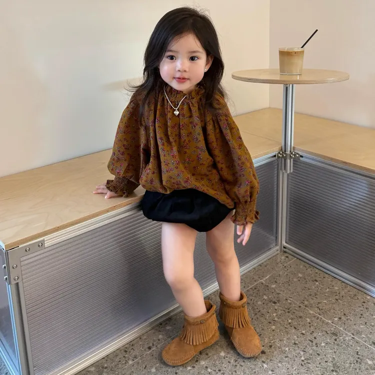 甜小七2025女童秋季新款韩版休闲宽松碎花套头上衣花苞裙裤套装