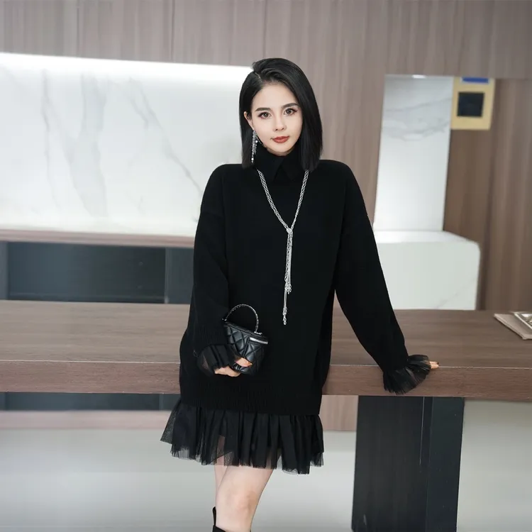 POPULARYW【寒烟暮行】Z·R上品屋 法式长袖荷叶边宽松针织连衣裙