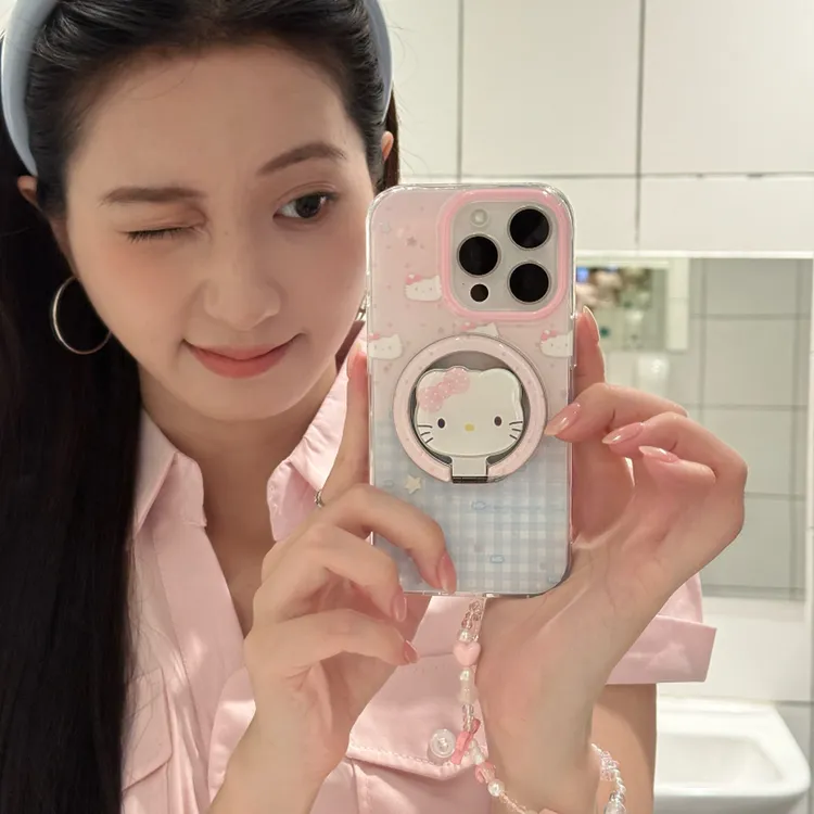 拼接格纹猫咪支架适用iPhone16promax手机壳苹果15大孔14小众软萌