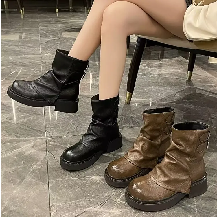 啄木鸟美拉德短靴女款2026年新款超火厚底棕色裤管靴骑士马丁靴女