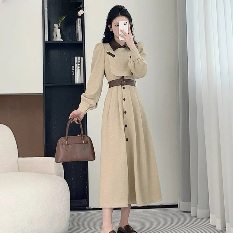【送腰带】2025早秋新款修身高级感内搭配大衣长袖女长裙TX0121