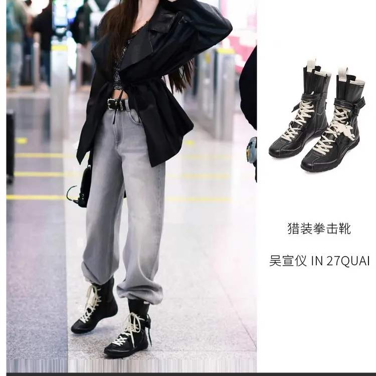 猎装系列拳击靴黑白牛皮中筒短靴新款时尚运动秋冬高帮厚底秋季