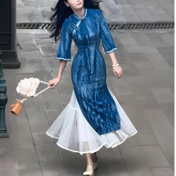 俏娘鱼蓝色素雅新中式倒大袖旗袍女2025秋季新款改良气质日常可穿