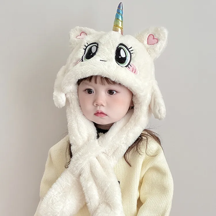 儿童会动的帽子围巾一体秋冬季毛绒帽护耳韩版宝宝两件套防风加厚