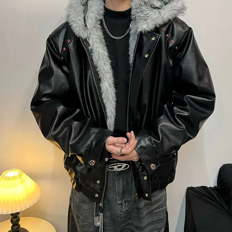 小众设计感座山雕加绒加厚皮衣男连帽毛领棉服宽松短款棉衣外套