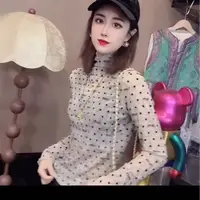 D95129木耳边字母波点印花网纱长袖T恤秋季新款高领修身小衫