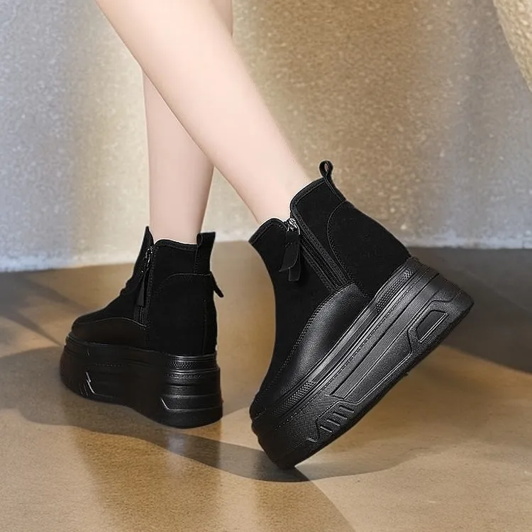 跟高10、12厘米内增高厚底高帮鞋女鞋秋冬新款磨砂面靴子百搭坡跟