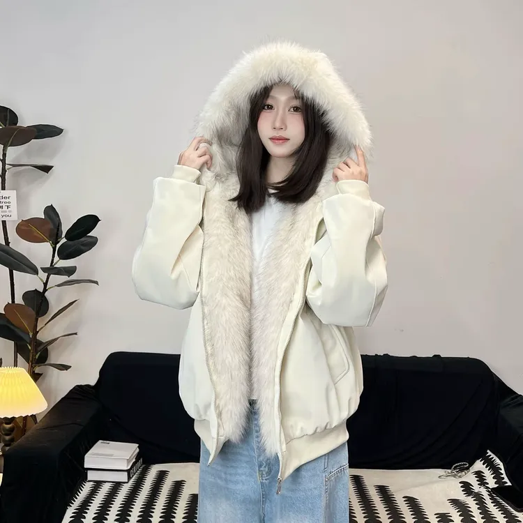 2025冬季连帽毛毛座山雕连帽绒毛秋冬情侣外套皮上衣夹克男女同款