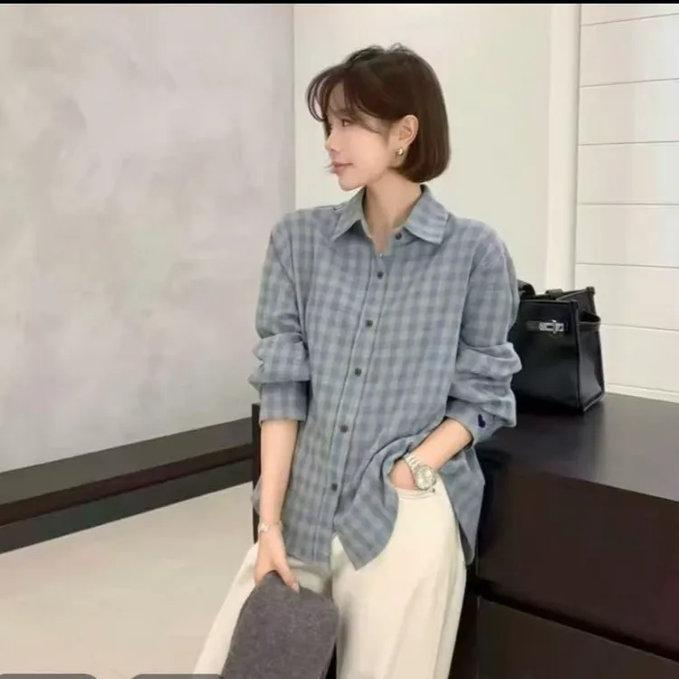 宽松翻领色织格纹衬衫冬季新款时尚简约百搭休闲女士衬衣202