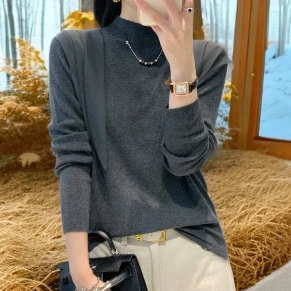 欧洲站2025年秋季漂亮流行网纱拼接针织打底衫女彩珠修身羊毛上衣