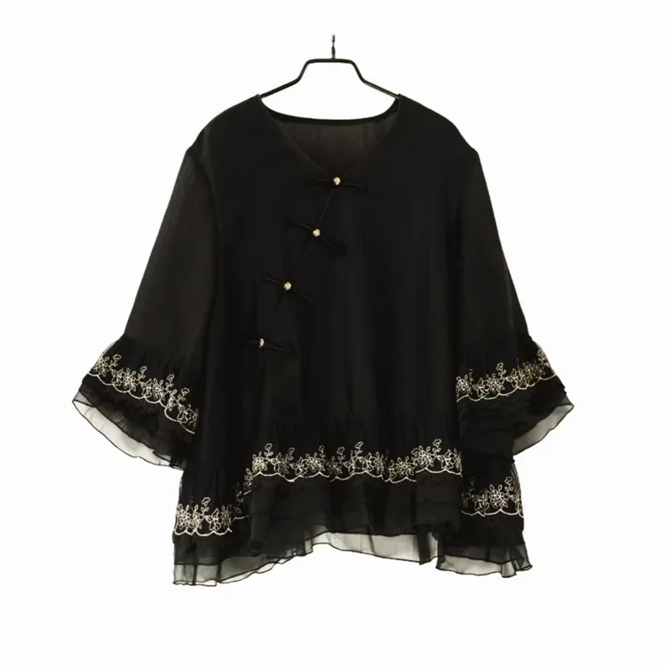 欣欣轻奢月华浓 夏季薄款人丝国风新中式斜襟金边小衫上衣女XH449