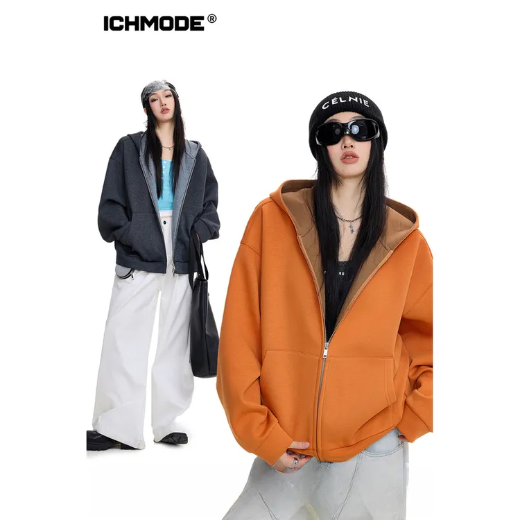 ICHMODE「空气层」连帽拼接撞色亲肤卫衣女休闲百搭外套初秋上衣