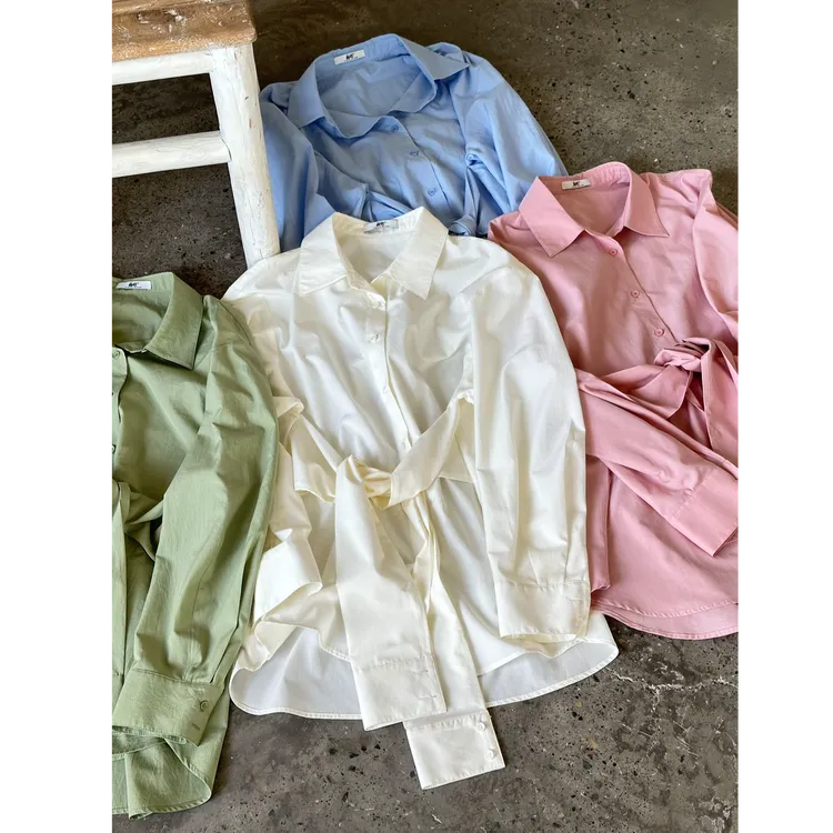 晶咕【缤纷糖果派】小众设计纯色polo领系带收腰长袖衬衫
