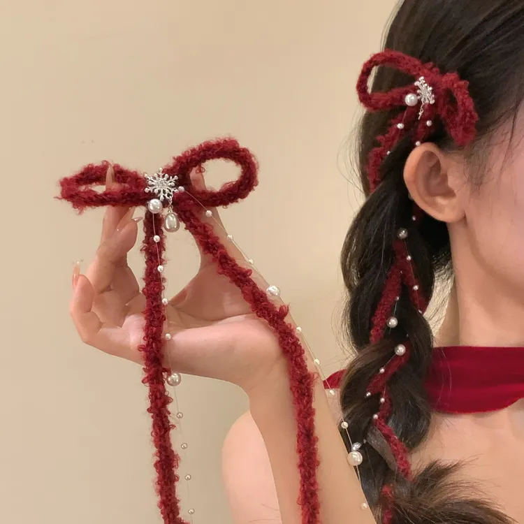 红色毛绒雪花蝴蝶结鸭嘴夹女温柔百搭圣诞发夹新年氛围感发饰新品