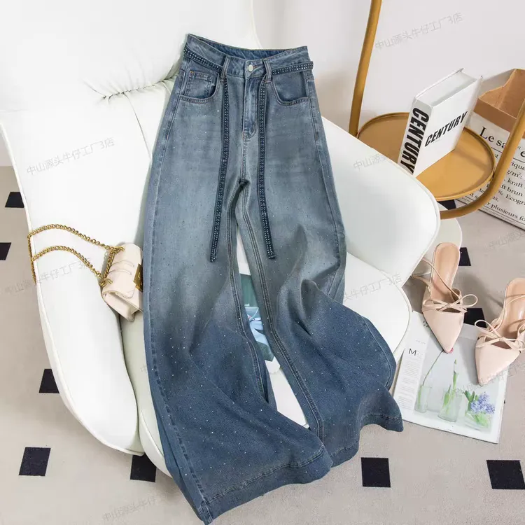 25523#渐变色高腰薄款大码宽松阔腿微喇女2025夏季新款牛仔裤女