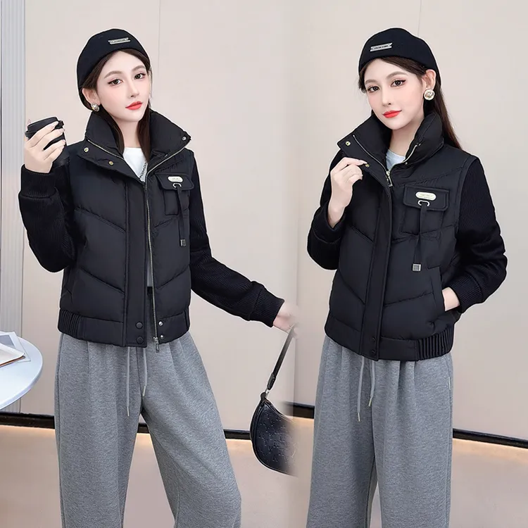 时尚休闲宽松保暖棉服女冬季新款洋气减龄立领拼接棉衣短外套棉袄