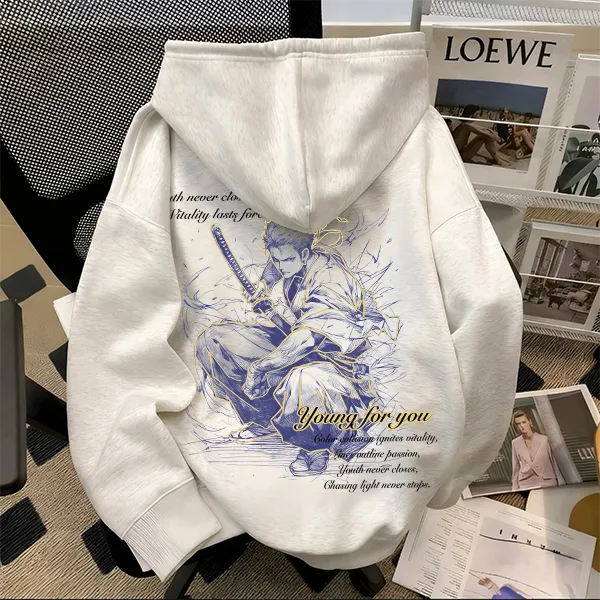 重磅500克纯棉海贼王索隆动漫印花连帽卫衣青春vintage高街风宽松