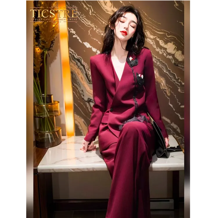 TICSTRE秋季高级感安哥拉红色花卉刺绣西装外套阔腿西裤套装女