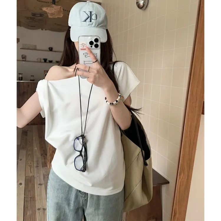 设计感扭结斜肩短袖T恤女夏季内搭螺纹棉不规则上衣独特漂亮小衫 