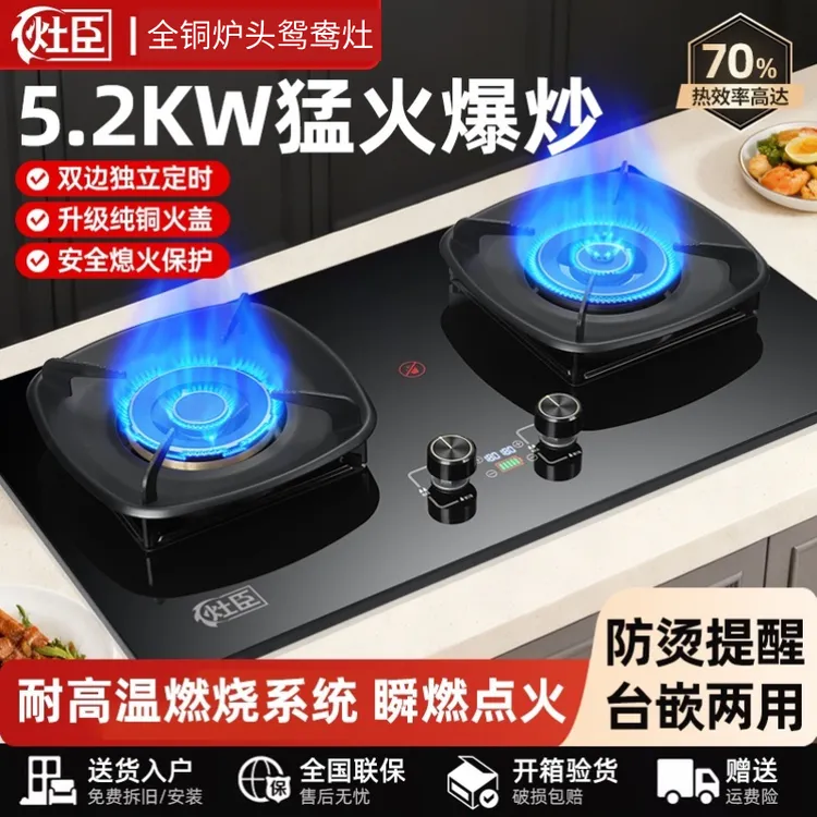 加大面板【全铜炉头鸳鸯猛火灶】家用燃气灶双灶通用猛火节能燃气灶