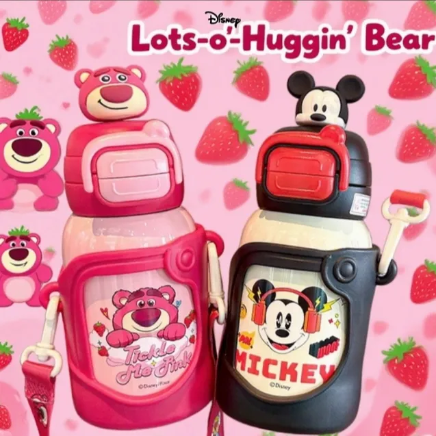 贝十八迪士尼草莓熊双饮儿童壶防摔吸管小学生3-6虎牌水杯