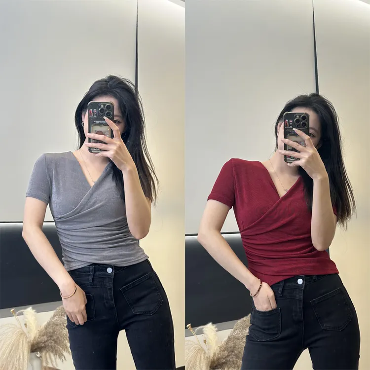 短袖抗皱速干极简风V领褶皱T恤夏季露脐纯色紧身韩版