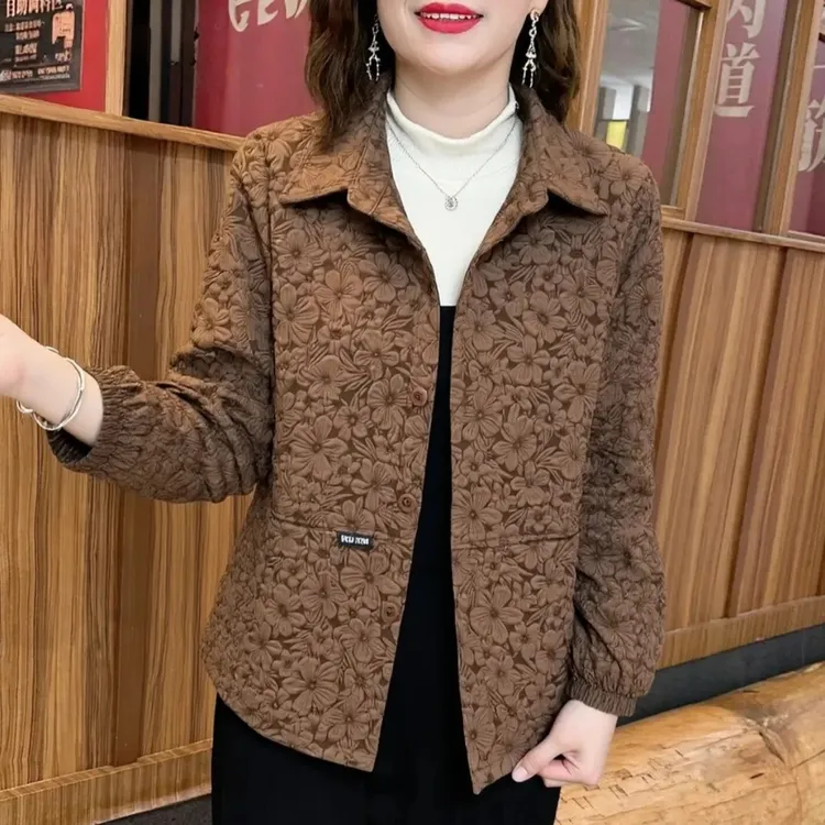 新款妈妈装春秋翻领提花外套气质中老年显瘦百搭休闲外套一体同色商品图