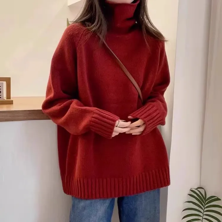 2025秋冬新款新年高领宽松舒适卷边堆堆领慵懒毛衣百搭中长款