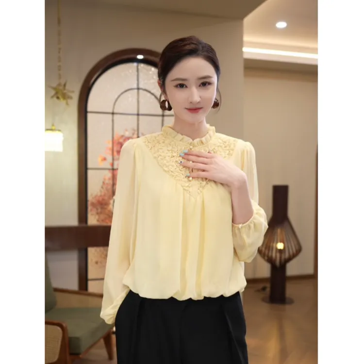 唐熹2025年春季新款【7040】气质百搭显白黄色圆领减龄时尚衬衫上衣