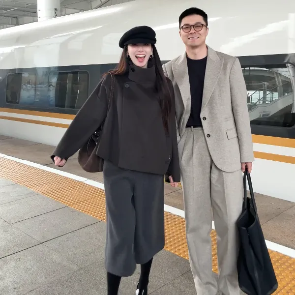 休闲极简风毛呢外套女装中长款秋冬厚款宽松简约不规则时尚百搭