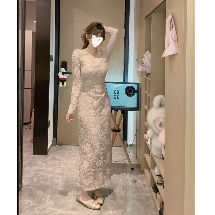 法式蕾丝包臀长袖收腰A字连衣裙