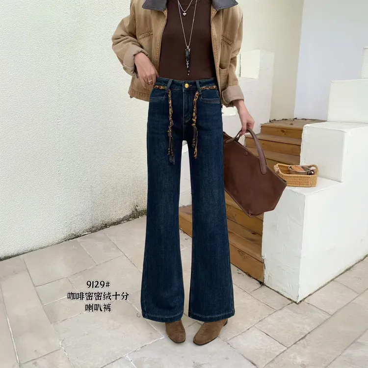 【9129-yf】高腰加绒微喇牛仔裤时尚百搭裤子