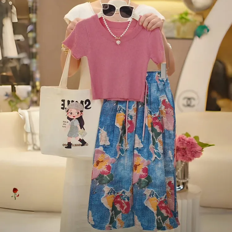 女童套装2025夏季新款儿童纯色短袖油画风防蚊阔腿裤中大童两件套