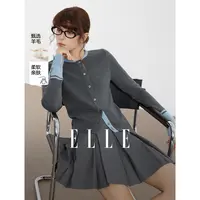 ELLE撞色拼接设计感毛针织衫2024冬季新款雅丹风显瘦气质EZ40276