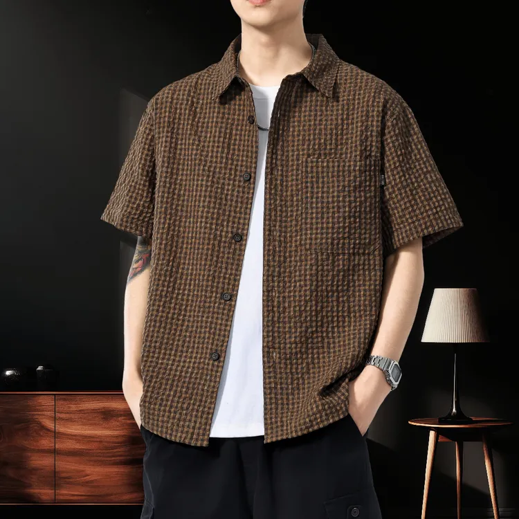 美式复古薄款泡泡纱短袖衬衫男夏季潮牌宽松立体格纹肌理感衬衣男