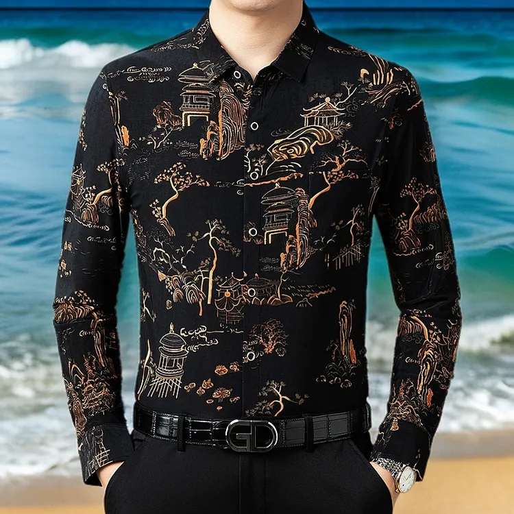 新款男士印花衬衫加绒男士印花衬衫时尚百搭休闲中年爸爸长袖衬衣