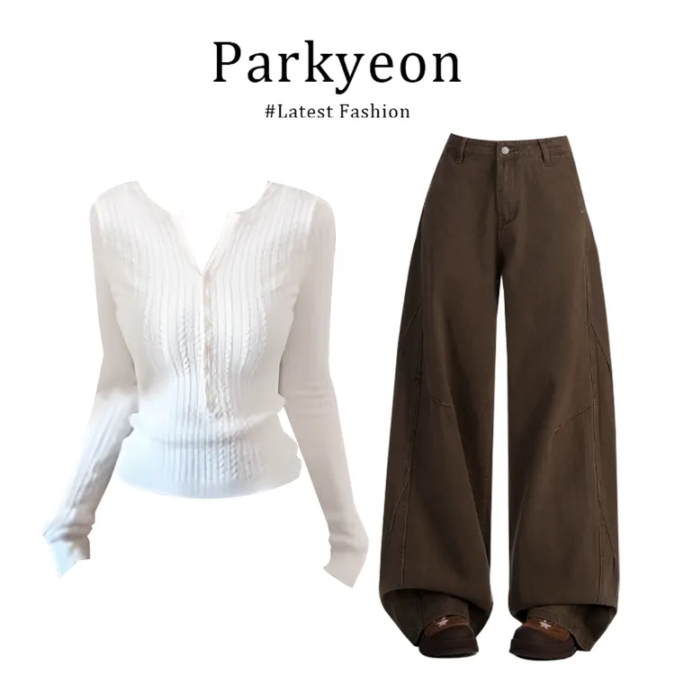 INS CEC2025辣妹穿搭显瘦长袖针织毛衣休闲裤巨好看的早秋套装女