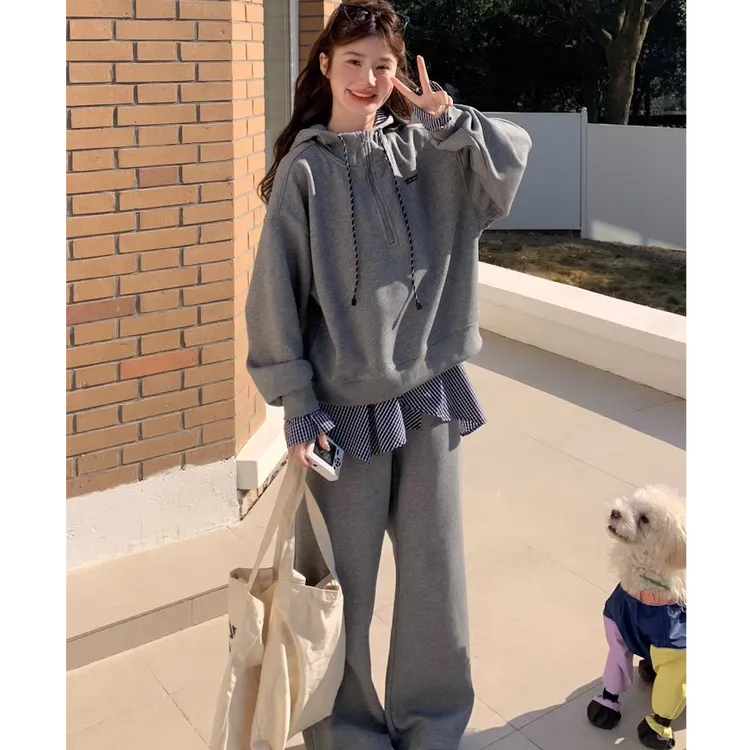 灰色慵懒风运动服套装女春秋宽松显瘦时尚假两件卫衣休闲两件套潮