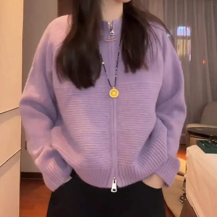 【糖包毛衣】2025早秋新款圆领百搭双拉链开衫毛衣LK2506818