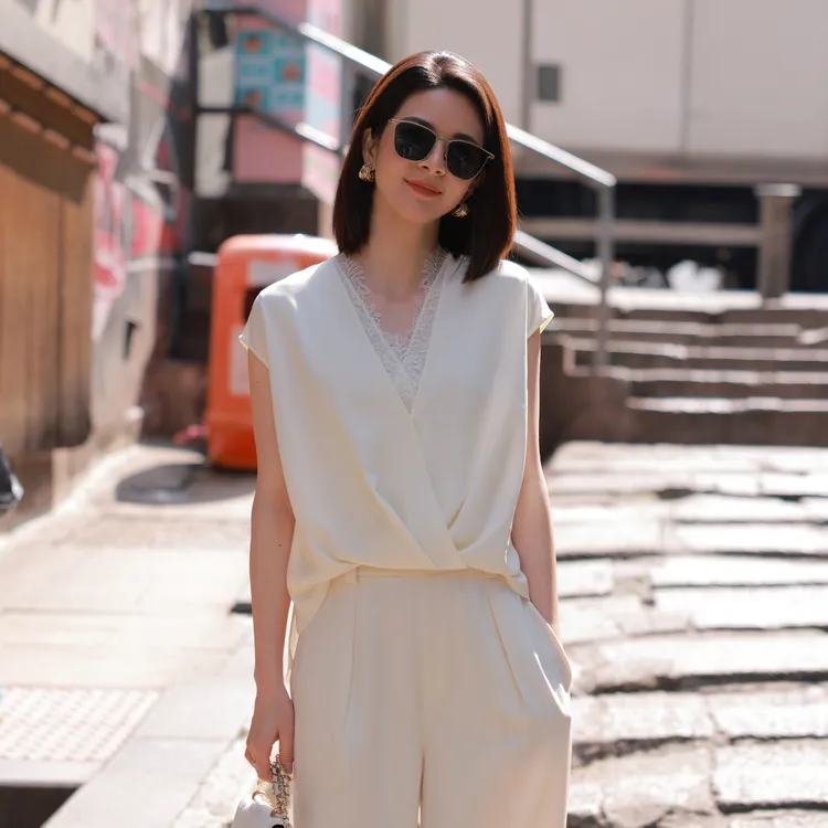 ANGELIAORIGINAL醋酸假两件25年重工蕾丝花边温柔气质衬衣#361