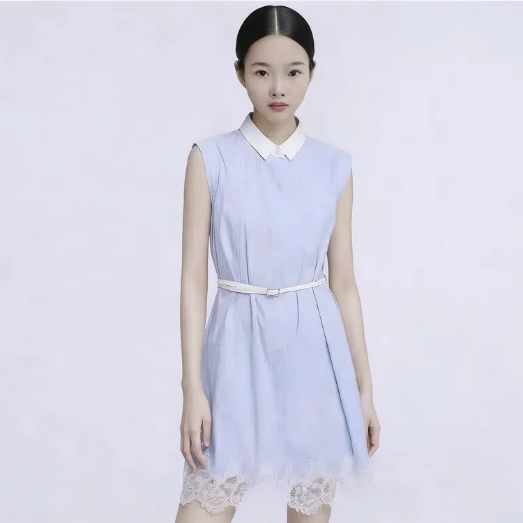 轻职风衬衫领短裙夏季无袖连衣裙拼接吊带裙宽松女装