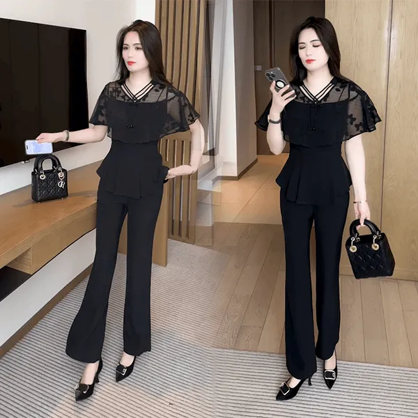 夏季休闲气质套装女2025新款中国风网纱拼接短袖阔腿裤两件套潮流