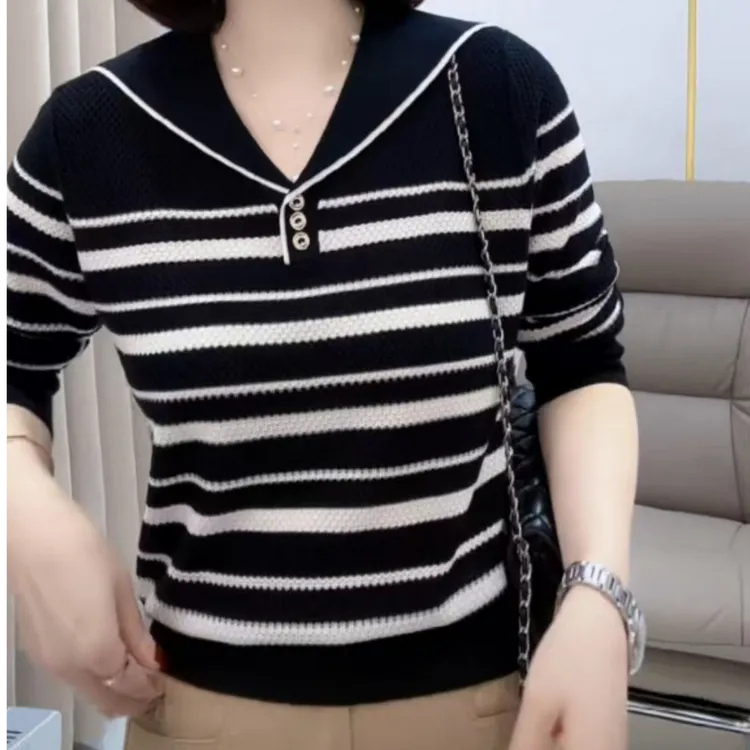 【80-170斤】长袖100莱赛尔天丝纽扣海军领条纹针织衫休闲时尚1587