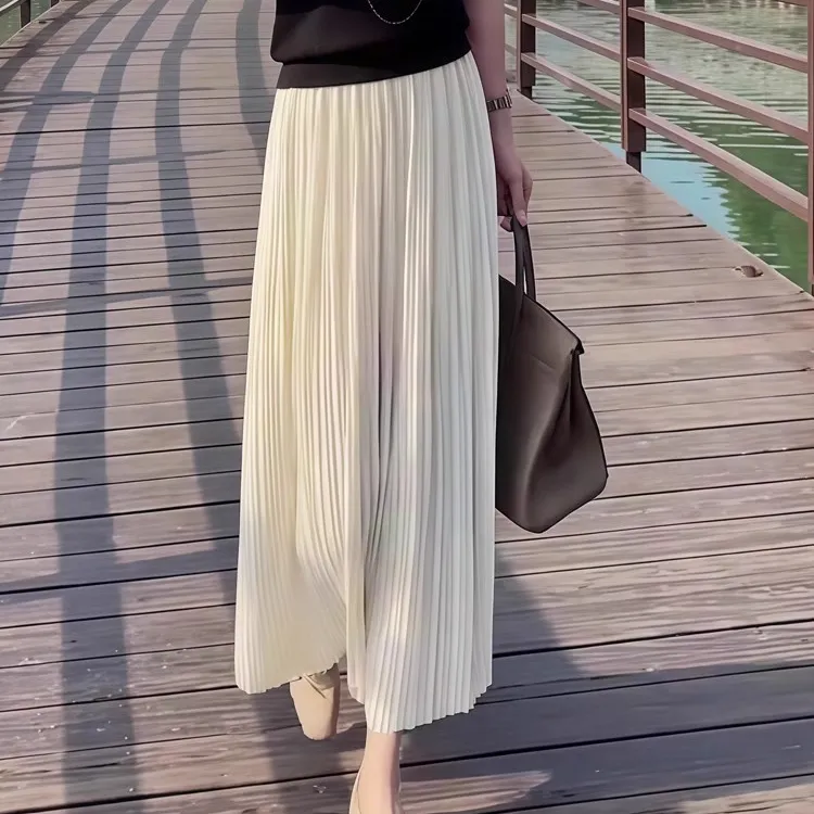 米白色半身裙女2025夏季新款韩系简约纯色气质高级感修身百褶裙
