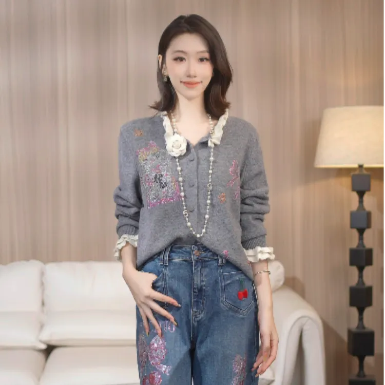 TCH私服秋款时尚休闲风烫钻淑女灰色针织开衫T75C43E5040轻奢tch