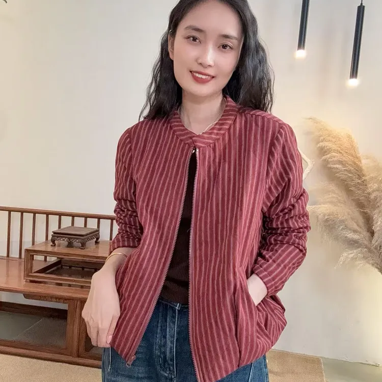 25739-长袖女直下摆短款通勤风棉衣宽松纯色上衣立领气质