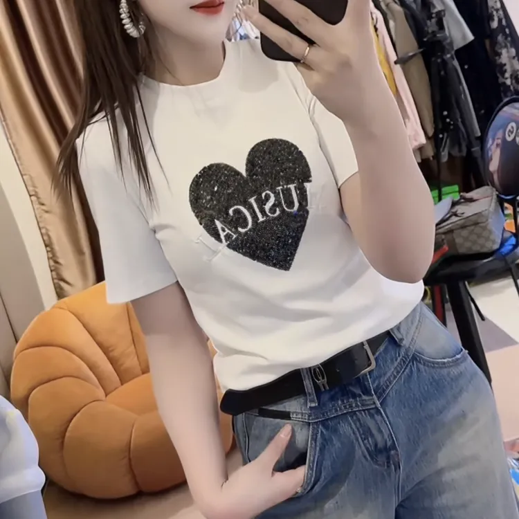 新款欧货时尚显瘦重工桃心气质半袖衫