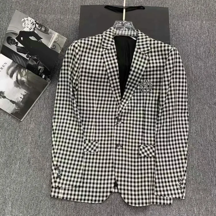 男士春季新款格子修身外套潮流百搭气质西服