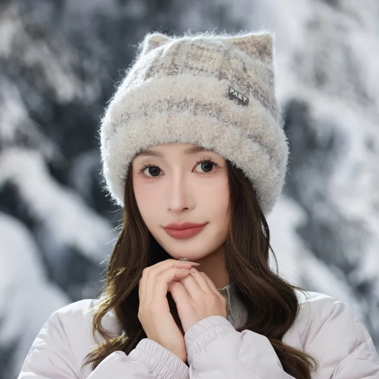 日系猫耳朵毛线帽女冬季加绒加厚护耳套头帽百搭显脸小保暖针织帽