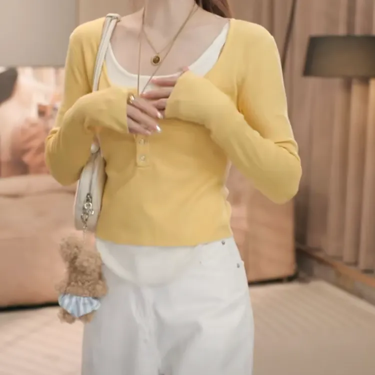 韩版洋气气质套装假两件针织衫女春季2025新款常规款撞色拼接上衣